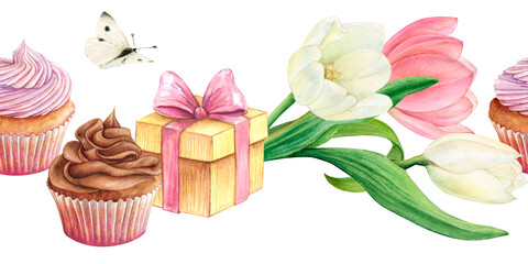 Wall Mural - Cupcake present box watercolor drawing border seamless. Flower tulip birthday chocolate cream. Cake muffin butterfly dessert illustration. Aquarelle isolated on white background