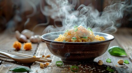 Wall Mural - Noodles with steam and smoke in bowl on wooden background, selective focus. Asian meal on a table, junk food concept