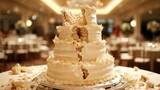 Fototapeta  - A large wedding cake with a big piece missing from the top, AI