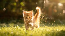 Playful Red Ginger Tabby Maine Coon Kitten Running On Grass Outdoors In Sunlight