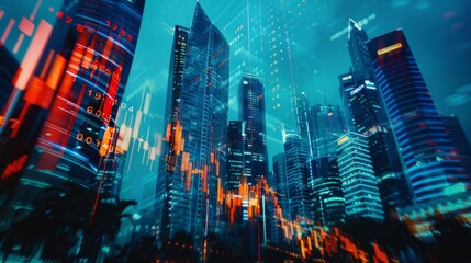 Poster - Stock market changes, business chart with changing lines and numbers. Double exposure with building skyscrapers in Singapore.