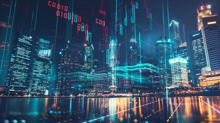 Poster - Stock market changes, business chart with changing lines and numbers. Double exposure with building skyscrapers in Singapore.