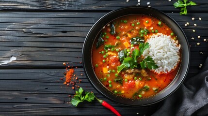 Wall Mural - sundubu soup with rice. on a black wooden background