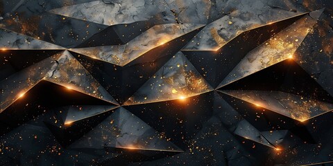 Poster - Luxury abstract black metal background with golden light lines. Dark 3d geometric texture illustration.