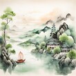 Lake and mountain landscape in chinese style background. Japanese watercolor painting with green hills, trees, chinese temples, boat in mist. Oriental wallpaper design for wall art, print, decor.