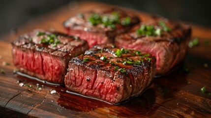 Wall Mural - Plate with delicious grilled steak on table, closeup. Space for text