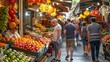 A group of people are shopping at a market with fresh fruits and vegetables, AI