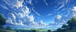 Peaceful blue sky, fluffy white clouds, serene natural setting, bright clear summer day, vast airy landscape