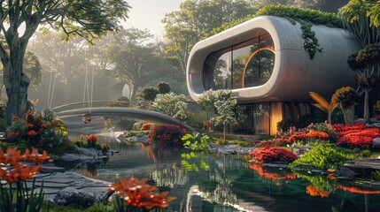 A futuristic home, it is very advanced in appearance, there is a lush green pond around it, and there are colorful flowers and gardens, there is also a futuristic swing bridge, a Future city images