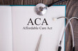 © PRO Balance - Notebook page with text ACA Affordable Care Act, on a table with a stethoscope and pen, medical concept.