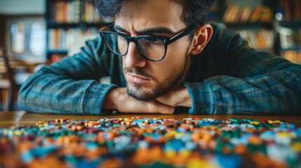 Wall Mural - A man with glasses sitting at a table surrounded by legos, AI