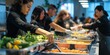 Diners are selecting offerings from a variety of dishes at a self-service buffet with a blurred background