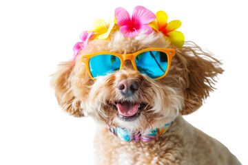 Happy smile Puppy dog wearing sunglasses with summer season costume isolated on background, pets summer, lovely dog, holiday vacation.