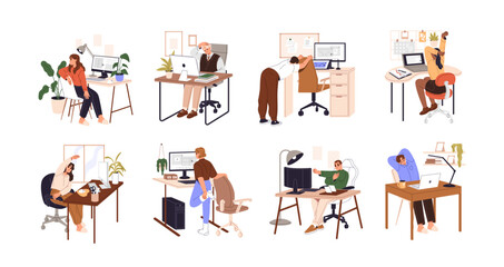 Fototapete - Office workers do yoga exercises at computer desks set. People with sedentary work stretch at break. Employees do home workout at workplace. Flat isolated vector illustration on white background
