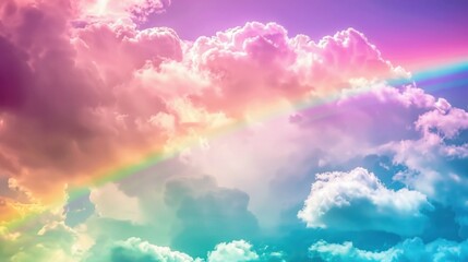 Sticker - rainbow in the sky fluffy shining clouds , cotton, pink purple pastel colors