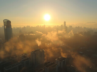 Unhealthy urban air PM 2.5 Foggy City Sunrise: A stunning urban skyline emerges from the mist, blending skyscrapers and cityscape in a captivating dawn scene