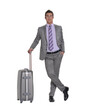 Traveler businessman holding a luggage trolley isolated on transparent layered background.