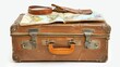 Close-up of a suitcase filled with travel essentials and a detailed map, isolated background for clarity and focus