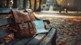 Fototapeta  - Inviting scene of a bench with a backpack and open city map, symbolizing the spirit of travel