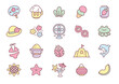 Kawaii summer vacation icon set. Collection of cute hand drawn stickers (fan, ice cream, sun glasses, swimsuit, cocktail etc.) isolated on a white background. Vector 10 EPS.