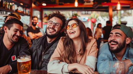 grupo de cuatro amigos divirtiéndose en un bar celebrando su amistad. Jóvenes hombre y mujeres sonriendo en un pub sentados en una mesa.