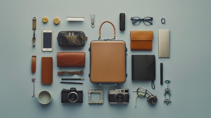 Neatly packed small suitcase surrounded by travel accessories, encapsulating a minimalist travel concept