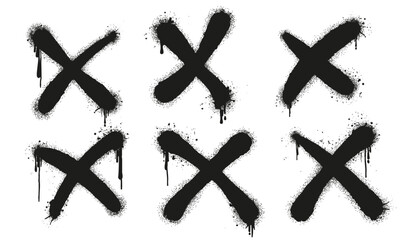 Poster - cross black graffiti spray paint pattern. spray set elements cross check, tick drips texture wall st