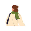 Young woman with cute modern hairstyle turns head side, looks around back view. Happy girl wearing scarf, jewellery, ring earrings, carries bag. Flat isolated vector illustration on white background