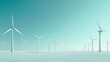 A field of wind turbines in the snow on blue background