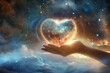 Heart-shaped planet cradled in hands - A breathtaking visualization of hands cradling a heart-shaped planet against a cosmic backdrop, symbolizing love and care for Earth