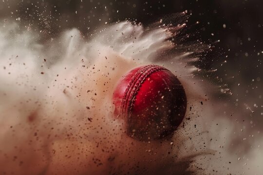 Red cricket ball in motion with dust exploding around it, Cricket sport background, Generative AI