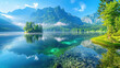 Beautiful summer scene of  a lake. Colorful morning view of mountains