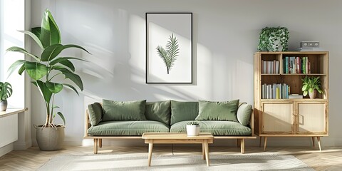 Wall Mural - Minimalist living room in green tones, green comfortable sofa in the gentle sunlight, interior design , creative , background, wallpaper.