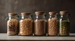 Variety of grains and legumes in glass jars. Zero waste storage concept.generative.ai