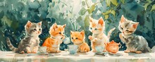 Charming Watercolor Scene Of Playful Kittens Having A Delightful Tea Party In A Lush Outdoor Setting