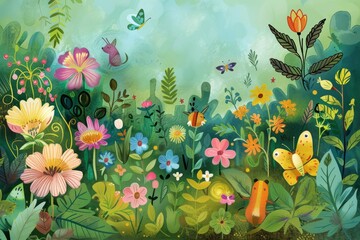 Wall Mural - A delightful illustration from a nature-themed children's book, showcasing cute critters exploring a lush garden filled with colorful flowers, Generative AI