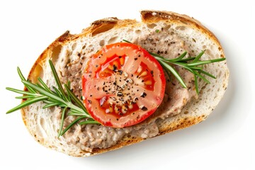 Sticker - Bread with pate tomato and rosemary on white background