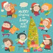 Happy cartoon children with Christmas decor. Merry Christmas