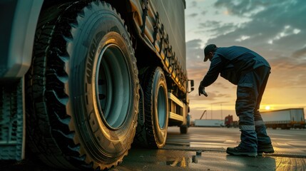 Truck driver inspecting safety of tires before the ride on the road.