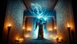 An Egyptian mummy surrounded by lightning in an ancient Egyptian temple.