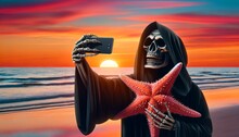 A Skeleton Wearing A Black Robe Is Taking A Selfie On The Beach. The Skeleton Is Holding A Starfish In One Hand And A Phone In The Other Hand. The Sun Is Setting In The Background.