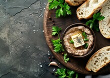 Chicken Liver Pate On Baguette With Seeds And Herbs On Rustic Serving Board French Cuisine Theme Vintage Setup With Stone Background Top View
