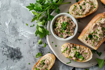 Chicken liver pate on baguette gray background top view