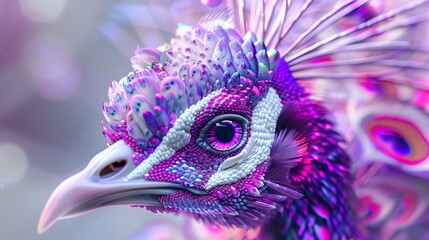 closeup photograph of a peacocks eye and beak with purple and blue feathers