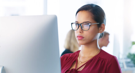 Aufkleber - Office, glasses and computer for project, woman and vision for reading, research and copywriter in agency. Working, monitor and internet in workplace, email and blog of company by person or employee