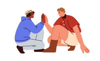 Poster - Young men giving high five. Happy joyful male friends clapping hands, touching palms, support gesture. Funny positive laughing characters. Flat vector illustration isolated on white background