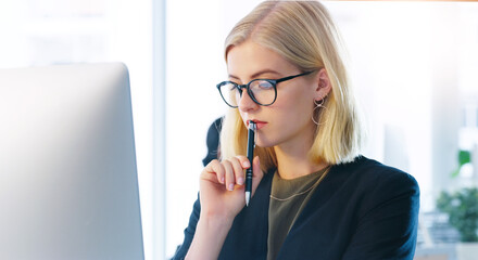Aufkleber - Office, glasses and computer for thinking, woman and vision for ideas, job and receptionist in agency. Secretary, laptop and internet in workplace, email and schedule of company by person or employee