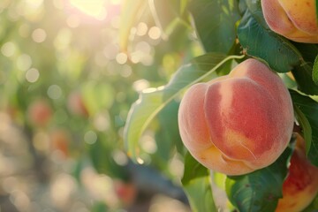 Wall Mural - Close up of a ripe peach with orchard in background