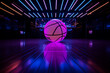 Generative AI of a basketball ball in a modern arena.	
