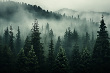 Wall Mural - 	
Dense morning fog in alpine landscape with fir trees and mountains.	
